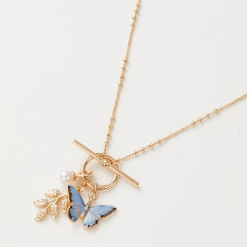 Enamel Blue Butterfly & Leaf Charm Necklace by Fable England